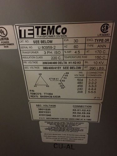 Temco euro-plus transformer tt1004 - 30kva 208/240/480 for sale