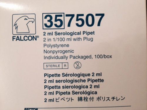 BD FALCON 357507 2 ML SEROLOGICAL PIPET 2 IN 1/100 ML WITH PLUG, BOX OF 100 NEW