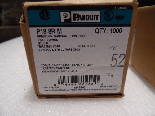 Panduit P18-8R-M  Ring Terminal, 22 –16 AWG #8 stud size non insulated NIB 1000