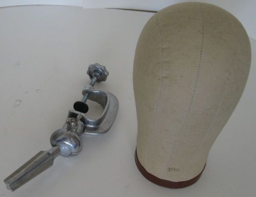 VINTAGE MILLINERY HEAD CANVAS HAT FORM MANNEQUIN SWIVEL CLAMP BASE, SIZE 19.5