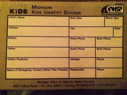 MICHIGAN Identity Child Safety Stickers/card Lables