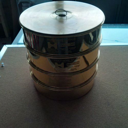 Three 8&#034; usa standard test sieves with cover and bottom pan (brass w/ stainless) for sale