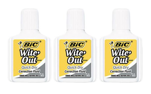3 BIC Wite Out Quick Dry Liquid Correction Fluid Office School Supplies .71 Oz