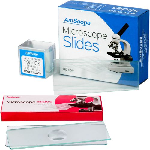 Amscope 50 pre-cleaned &amp; 6 single concave microscope slides + 100 coverslips for sale