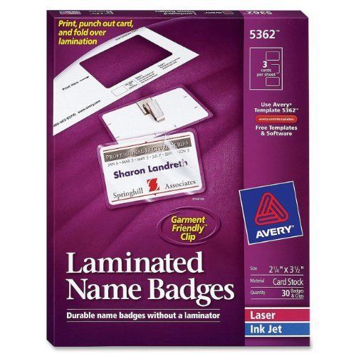 Avery Laminated Name Badges, 2.25 x 3.5 inches, White, Box of 30 Badges and 30