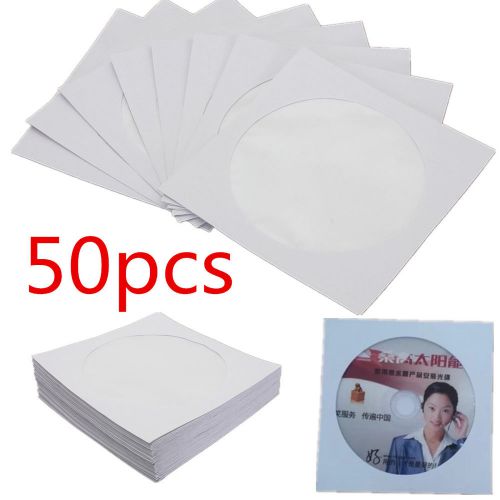 50x CD DVD Disc Clear Plastic Window Flap Paper Case Sleeve Wallets White 12.7cm