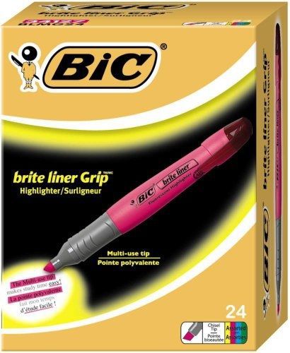 BIC Brite Liner Grip Highlighter, Tank, Chisel Tip, Assorted Colors, 24-Count