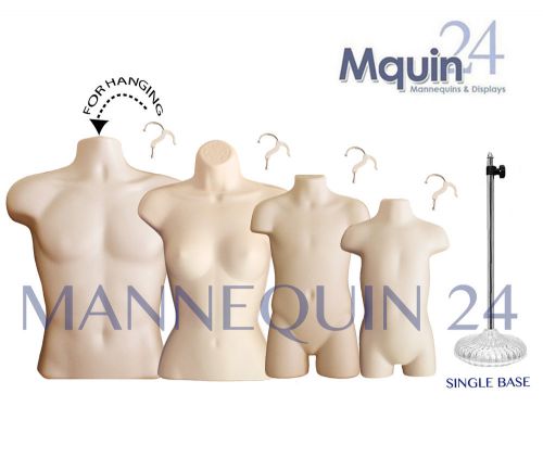 4 FLESH MANNEQUINS: MALE, FEMALE, CHILD &amp; TODDLER BODY FORMS +4 HANGERS +1 STAND