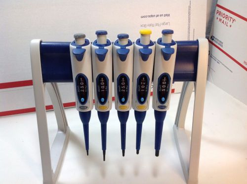 Set of 5 biohit mline single channel pipette m10,m20,m100,m200,m1000,with stand for sale