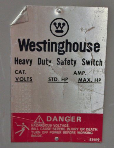 Westinghouse HUN364 Heavy Duty Safety Switch 200A 600V NEMA Type 1 Indoor