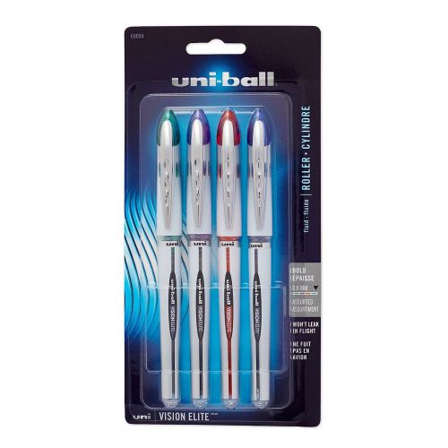 uni-ball Vision Elite Stick Roller Ball Pens, Bold Point, Assorted Colors, 4 Pk
