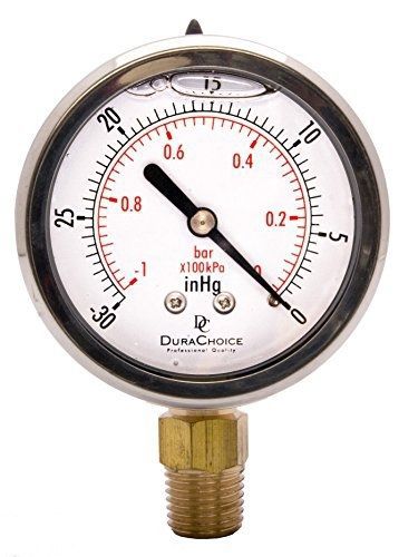 Durachoice 2&#034; oil filled vacuum pressure gauge - stainless steel case, brass, for sale