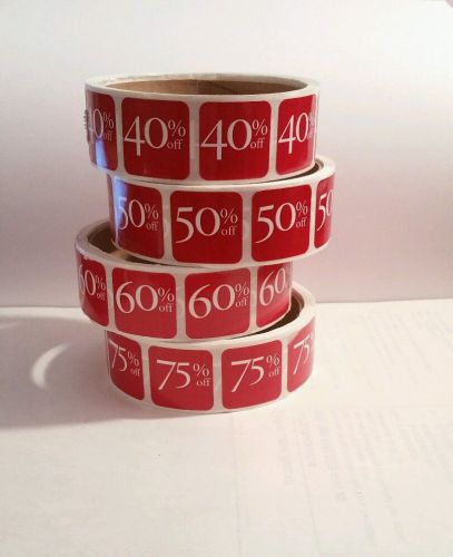 LOT OF 1000 Self-Adhesive 40% 50% 60% OFF 1&#034;Labels Stickers Tags  Red/White SALE