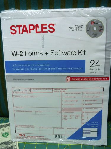 24 Count Pack of Staples 2015 IRS Tax W-2 6-Part Form Sets &amp; Software Kit