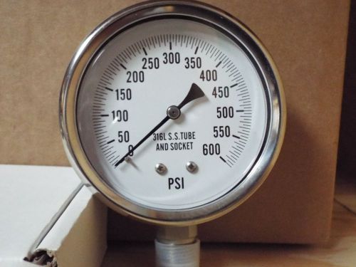 0-600PSI 4&#034; All Stainless Lower Mount Dry But Fillable Pressure Gauge