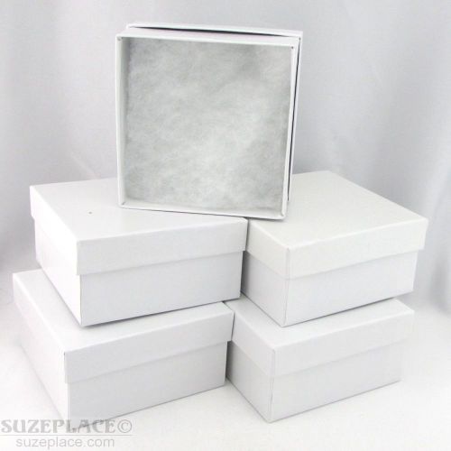 5 WHITE SWIRL GIFT BOXES COTTON FILL 3 3/4 X 3 3/4 X 2&#034; NECKLACE EARRING JEWELRY