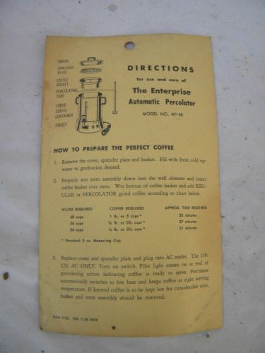 Vintage Enterprise  automatic percolator instruction sheet FREE SHIP