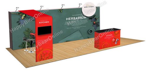 Trade show fabric tension Quick pop-up booth 20 ft TV monitor Shelves supported