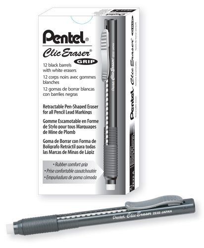 Pentel clic eraser grip, retractable eraser, black barrel, box of 12 (ze22a) for sale