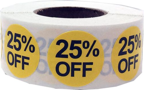 25% Percent Off Stickers - Yellow and Black 3/4&#034; .75 Round Self Adhesive Labe...