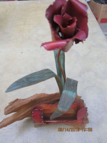 Metal art rose business card holder mounted on a piece of driftwood for sale
