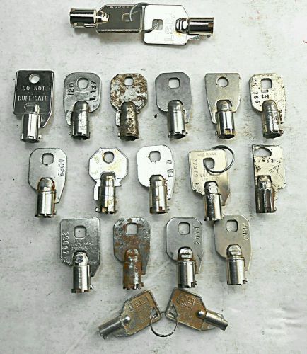 17 of 19 Large Lot of Tubular Vending Machine Keys Serial Numbers Brand Names