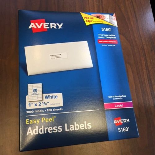 Avery Easy Peel Laser Address Labels 1 x 2 5/8 White 3000/Box 5160 FREE SHIPPING