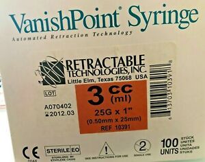 Vanishpoint Syringe w/ Needle 3cc 3ml 25G x 1&#034;  Pack of 100 REF 10391 .5mmx25m