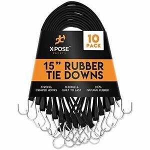 Rubber Bungee Cords with Hooks 10 Pack 15 Inch (27” Max Stretch) - Heavy-Duty Bl
