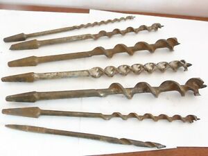 FOUND 7 VINTAGE MIXED SIZE AUGER  BITS  WLM RIDGEWAY, IMPERIAL 13/16 &#034;T0 3/16&#034;