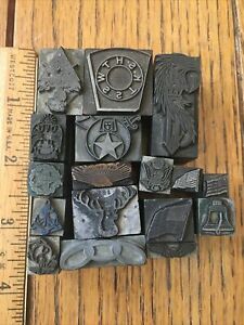 Letter Press Printing Type Blocks Fraternal &amp; Patriotic Symbols Lot of 17
