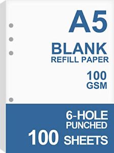A5 Blank Paper, Refills for Filofax Planner, Organizer, Binders, 6 Hole Punched,