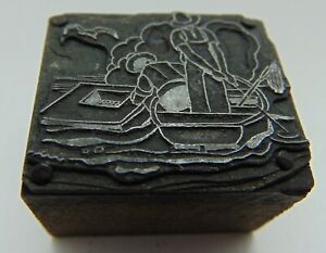 Printing Letterpress Printers Block 2 Men Fishing From Boat