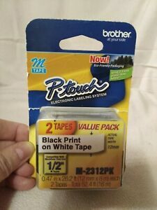 Double Pack - Brother P-Touch M-Tape 1/2 inch - BLACK on WHITE --  MK-2312PK
