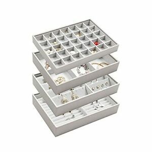 Vee Upgraded Stackable Jewelry Trays Organizer, High 4 pack without lid Grey