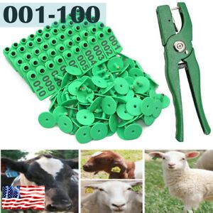 001-100 Ear Tags Sheep Goat Cow Livestock Cattle Numbered Applicator w/ Pliers