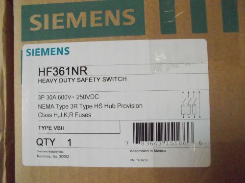 Siemens HF361NR 30A 600V 3Pole Fusible Disconnect NEMA 3R Enclosure