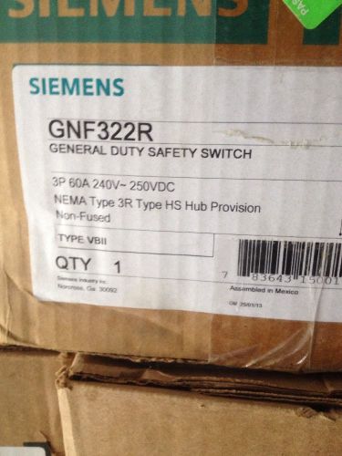 SIEMENS GNF322R 60A 240V 3P 3-Wire Non-Fusible General Duty Safety Switch!