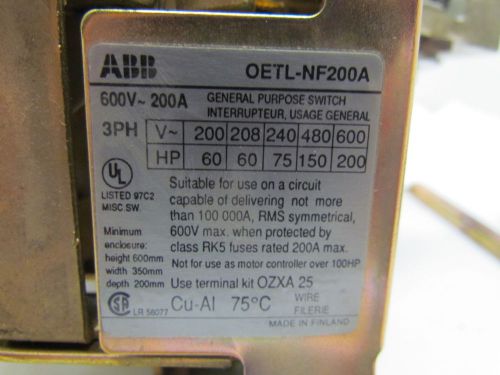 Abb oetl-nf200a 600v 200amp 3ph disconnect switch for sale