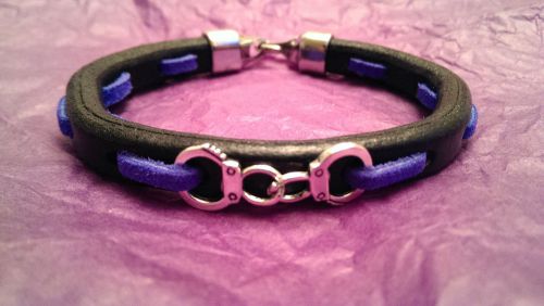 &#034;Thin Blue Line&#034; Black Leather with Blue Suede line bracelet with handcuffs