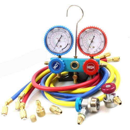 R410a r134a hvac ac manifold gauges w/3 charge hoses quick adapter acme &amp; 5/16&#034; for sale