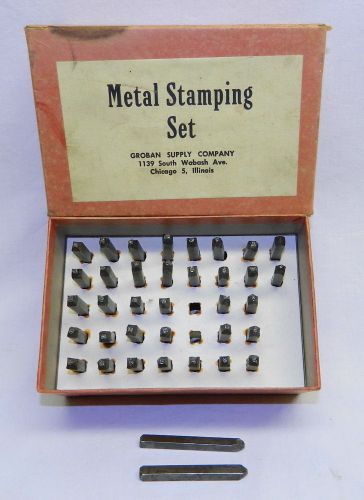 VINTAGE 37 PIECE METAL STAMPING SET 1/4&#034; Letters &amp; Numbers GROBAN CHICAGO w BOX