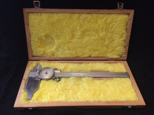 Estate Vtg 7&#034; Helios Dial Caliper  original wood case Stainless West Germany