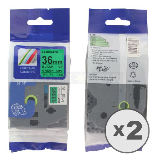 2pk Black on Green Tape Label for Brother P-Touch TZ TZe 761 36mm 1 1/2&#034; 26.2ft