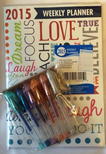 2015 WEEKLY PLANNER w/INSPIRATIONAL WORDS on Cover &amp; Set of 6 MINI GEL PENS!