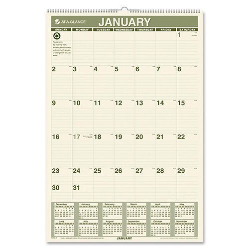 At-A-Glance Wall Calendar, Recycled, 12-Month, Jan-Dec, 15-1/2&#034;x22-3/4&#034;