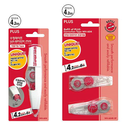 PLUS WHIPER MINI ROLLER Correction Tape  Refillable WH-604 Red + Refill Set