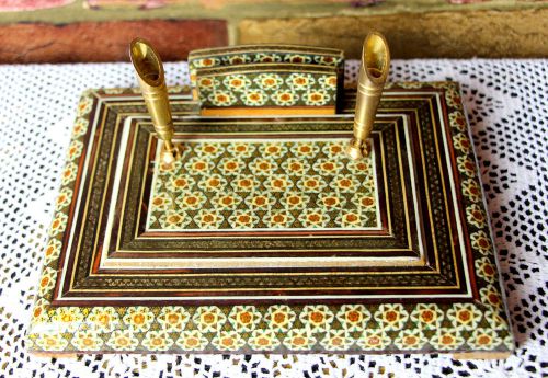 Morocco marquetry micro mosaic wood inlay pen letter office holder desk top for sale