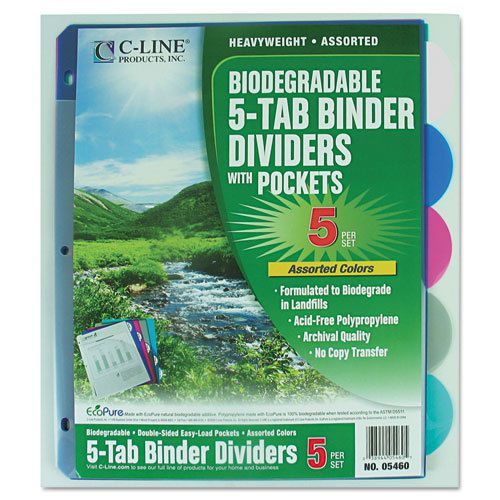 Biodegradable Poly Index Dividers with Pockets, 5-Tab, Multicolor