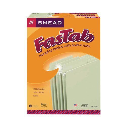Smead FasTab® Hanging File Folder,  1/3-Cut Built-In Tab, Letter Size, Moss,
